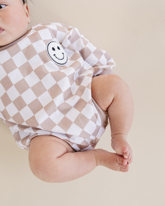 Checkered Smiley Bubble Romper | Latte