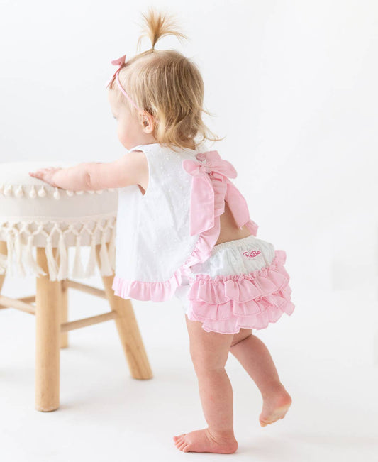 White and Pink Swiss Dot Swing Top + Bloomer Set