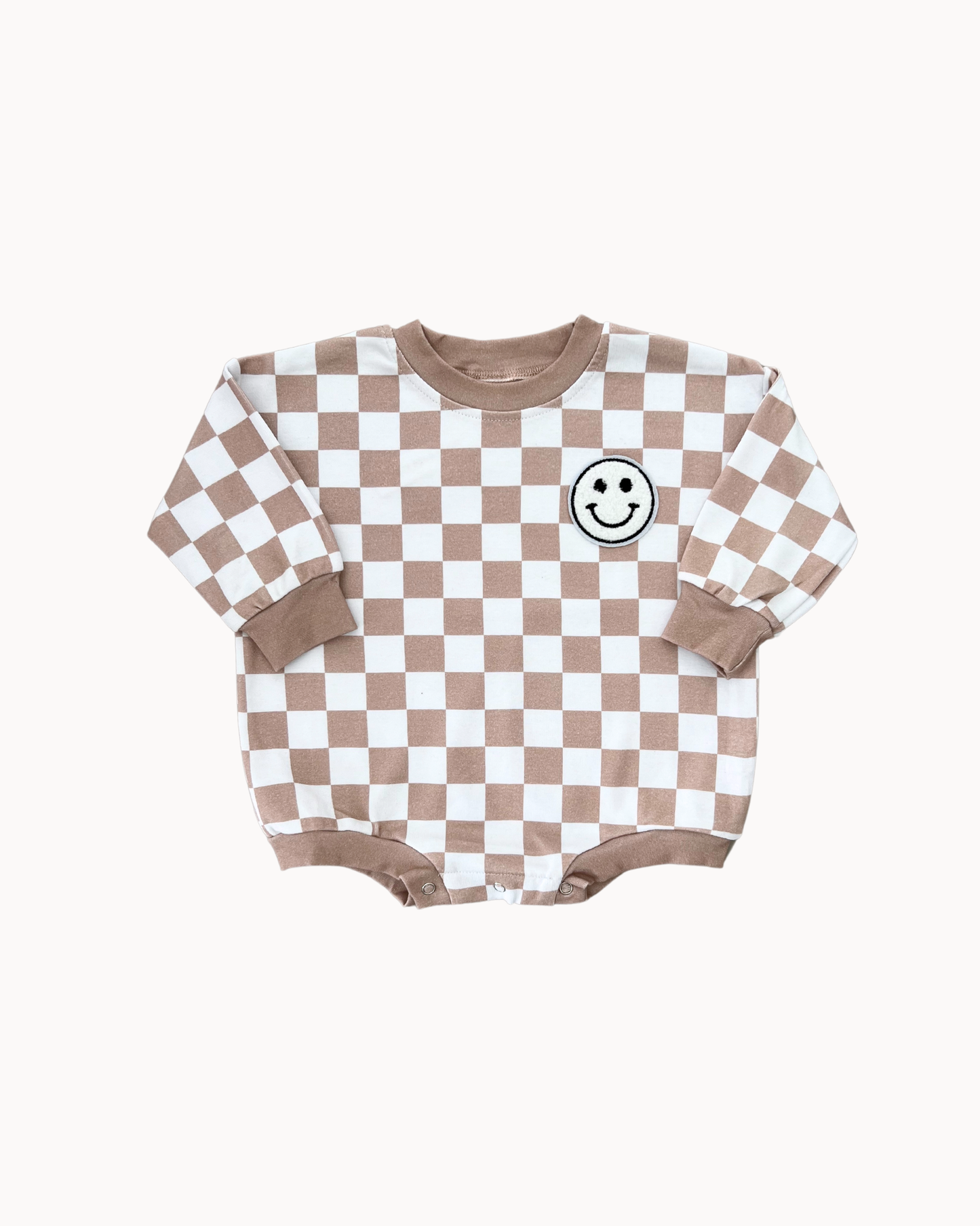 Checkered Smiley Bubble Romper | Latte