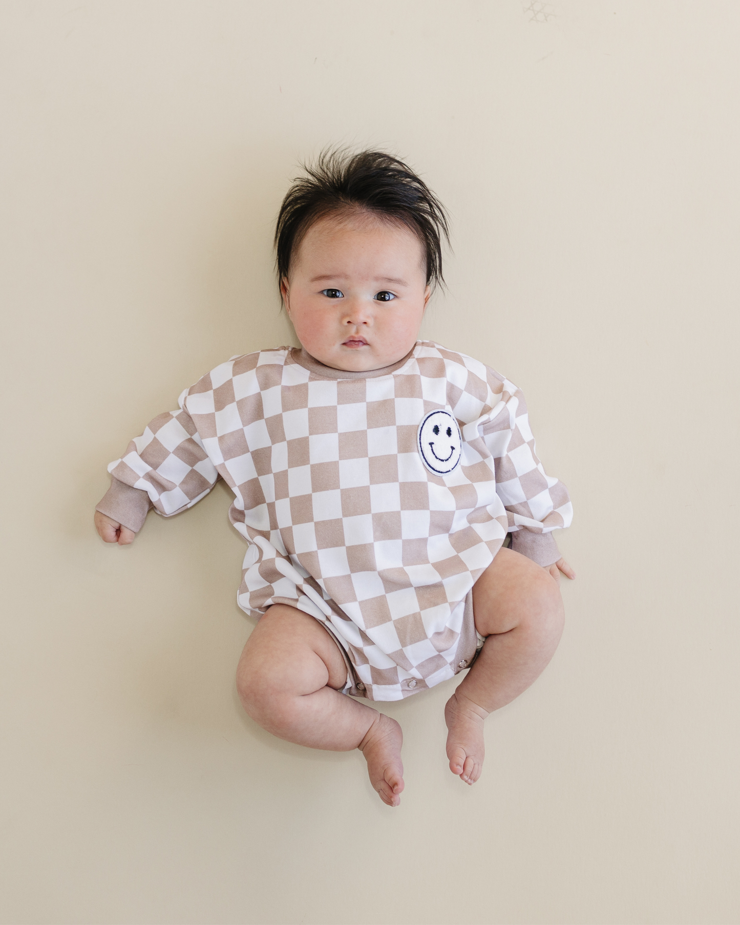 Checkered Smiley Bubble Romper | Latte