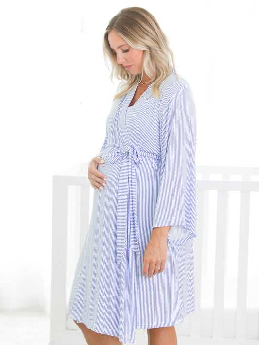 Women's Periwinkle & White Micro Stripe Maternity Robe