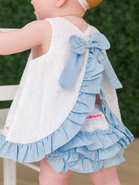 White and Blue Swiss Dot Swing Top + Bloomer Set